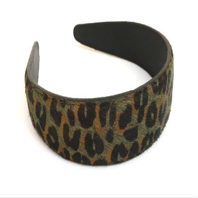 1.6" Wide Hairy leather headband, LEOPARD animal print, stitched edges, handmade in USA (GREEN)