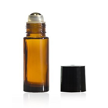 10 ml (1/3 oz) Amber Glass Roll on Bottle with Stainless Steel Ball & BPA Free Black Caps (144)