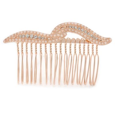 Bridal/Wedding/Prom/Party Rose Gold Tone Clear Crystal, Cream Faux Pearl Double Leaf Hair Comb - 85mm