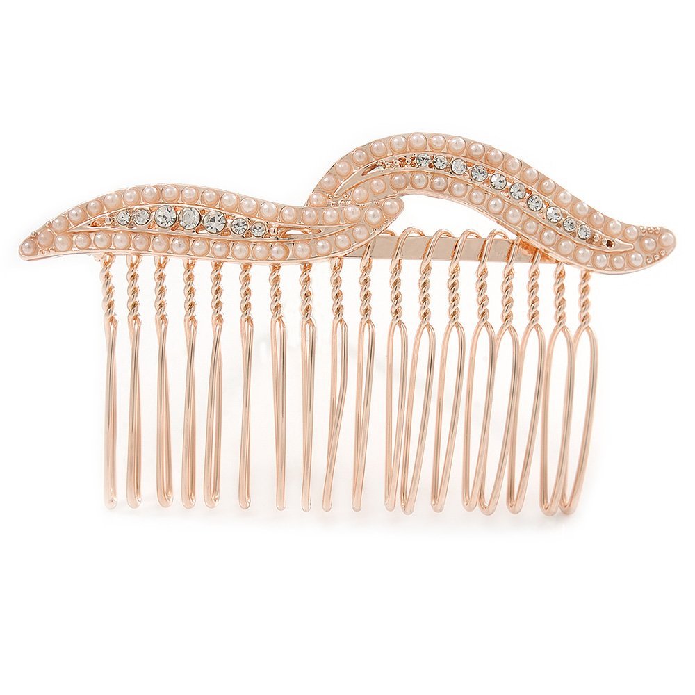 Bridal/Wedding/Prom/Party Rose Gold Tone Clear Crystal, Cream Faux Pearl Double Leaf Hair Comb - 85mm