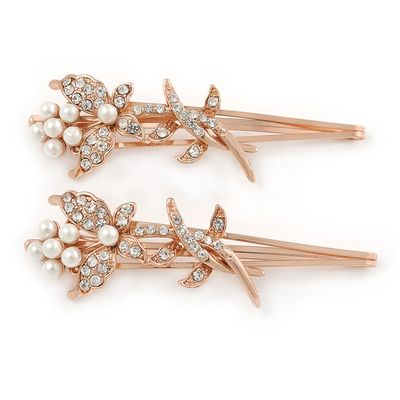 2 Bridal/Prom Clear Crystal, White Glass Pearl Butterfly Hair Grips/Slides In Rose Gold Metal - 70mm L