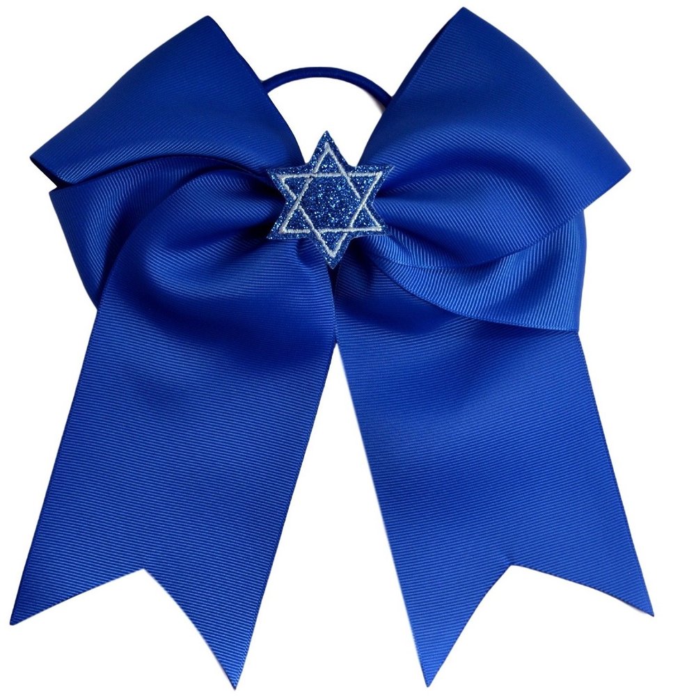 Funny Girl Designs Hanukkah Blue Star of David Glitter 7.5 Inch Hair Bow (Royal Blue Bow with Elastic)