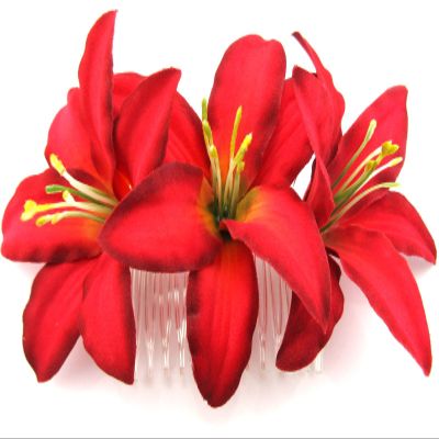 Triple 3.5" Red Lily Silk Flower Hair Comb