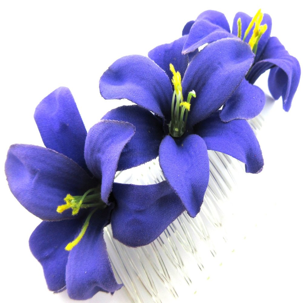 Triple 2" Purple Lily Silk Flower Hair Comb