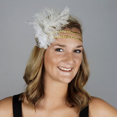 1920s Headpiece Feather Hair Accessories - New Year Eve, Dress up Party, Costume Accessories, Halloween, Carnival, Crafts - Gatsby Costumes for Woman Flapper Headband - White/Gold