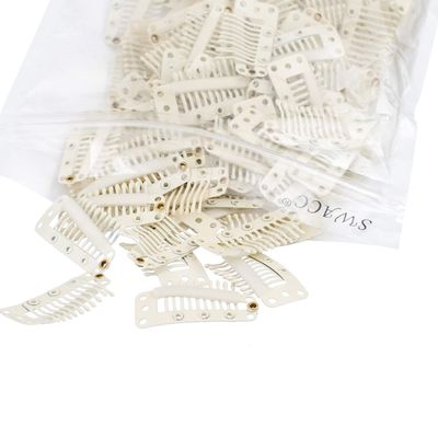 SWACC 100 Pcs U Shape Metailic Snap Clips ins for Hair Extension Hairpiece DIY Snap-Comb Wig Clips with Rubber (White Beige, 10-Teeth 9 Holes)