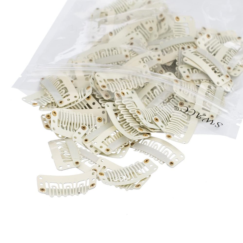 SWACC 100 Pcs U Shape Metailic Snap Clips ins for Hair Extension Hairpiece DIY Snap-Comb Wig Clips with Rubber (White Beige, General U Shape 6 Holes)