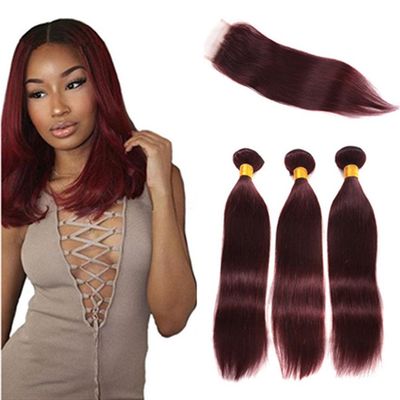 Ruma Hair 8A #99J Burgundy Brazilian Virgin Hair Weave With Closure 4Pcs Lot Wine Red Silky Straight Human Hair 3 Bundles With 4x4'' Lace Top Closure (18 with 18 20 22)