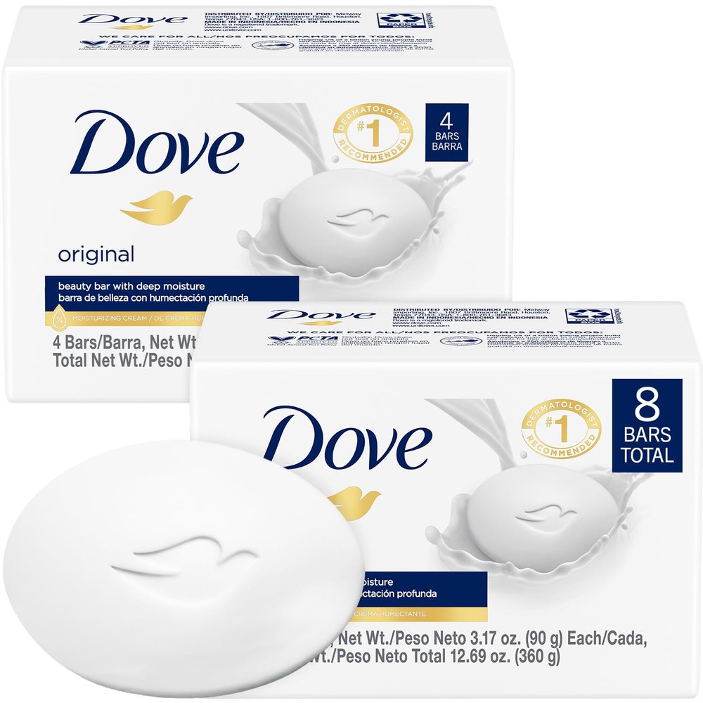 Dove Soap, Original Beauty Bar 2-Pack (8 Soap Bars)  3-in-1 Moisturizing Face, Body & Hand Soap, 3.17 Oz Ea