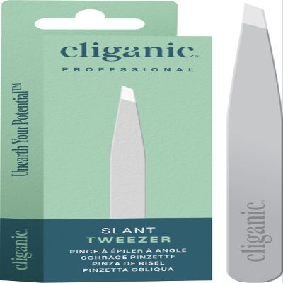 Cliganic Professional Eyebrow Tweezers Slant Tip (Silver) - Precision for Men & Women, Stainless Steel Best for Plucking Chin Facial Hair