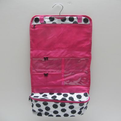 25" Women's Hanging Cosmetic Bag (Black Dots With Pink Trim)