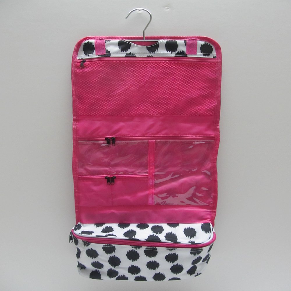 25" Women's Hanging Cosmetic Bag (Black Dots With Pink Trim)