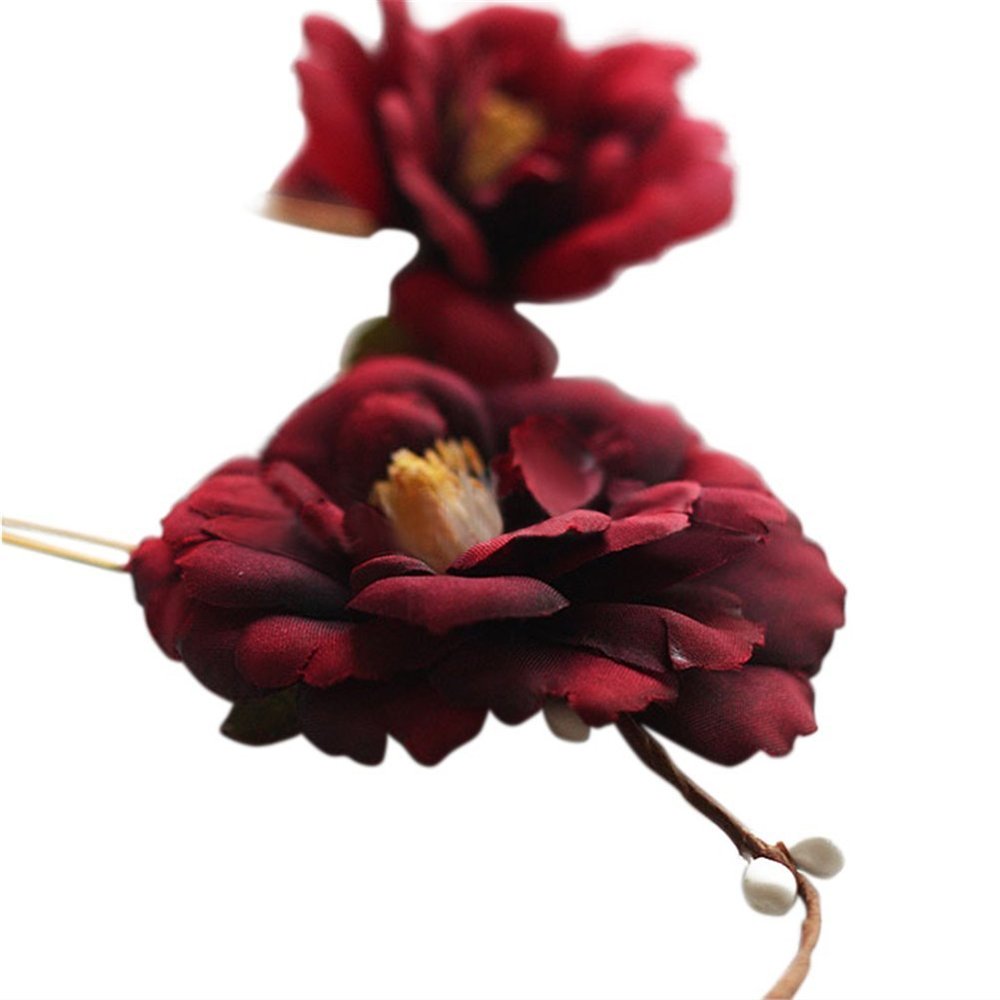 Drasawee 2 Pcs Pack Handmade Roses Wedding Bridal Hair Pins Hair Accessories Headpiece Wine Red