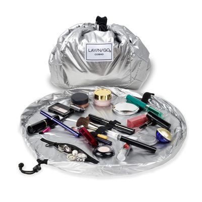 Lay-n-Go Cosmo Layflat Drawstring Cosmetic & Makeup Bag Organizer - Portable Drawstring Makeup Bag w/Zipper Pocket, Makeup Loops & More -Durable, Machine Washable Toiletry Bag (20", Metallic Silver)