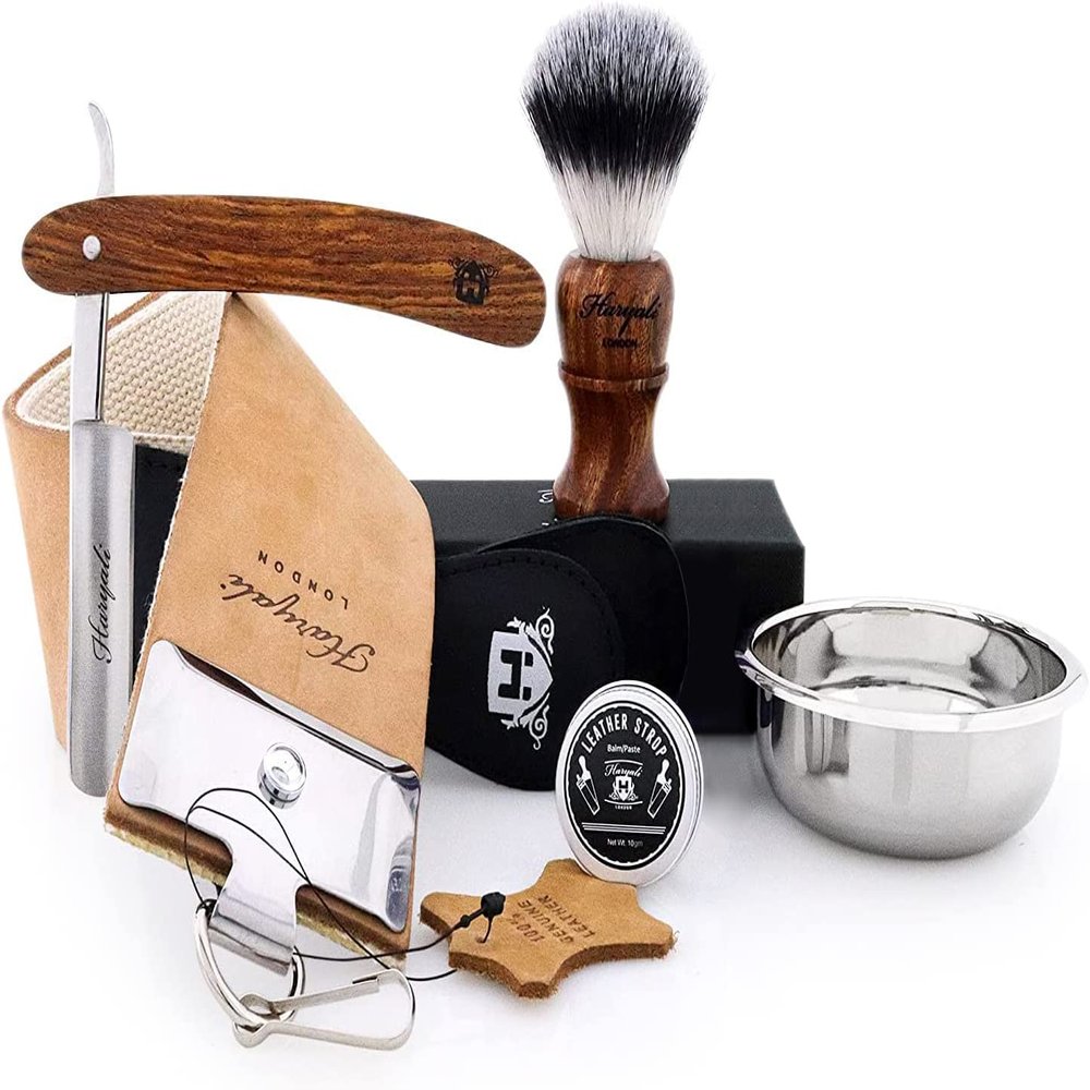 Vintage Style Men's Shaving Set with Synthetic Hair Shaving Brush,Cut Throat Razor/Barber Style Razor, Double XL Pure Leather Strop & Sharping Paste,Stainless Steel Bowl +Free Aluminum Stick