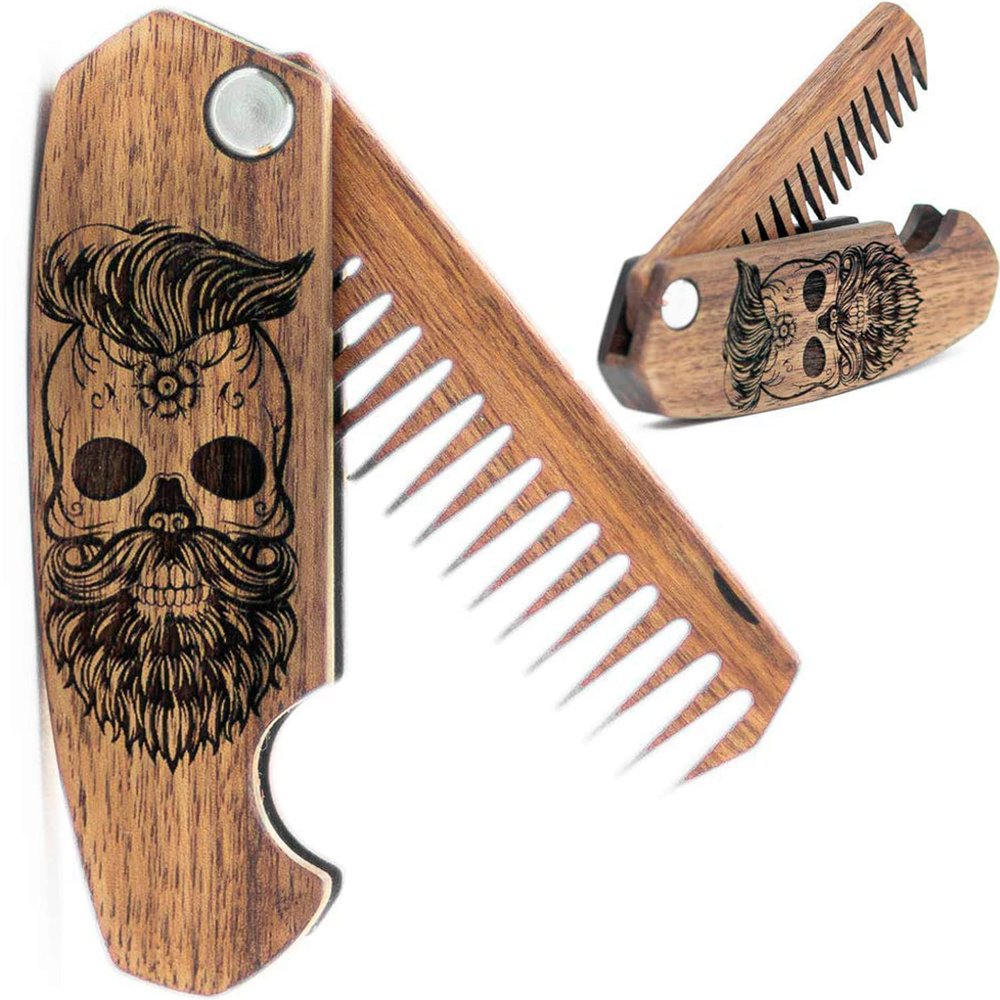 Beard Comb Personalized Gifts Anniversary Gift Wooden Brush Custom Comb Groomsmen Gift Hair Brush Pocket Brush Birthday Gift for Boyfriend (Walnut, Skull)
