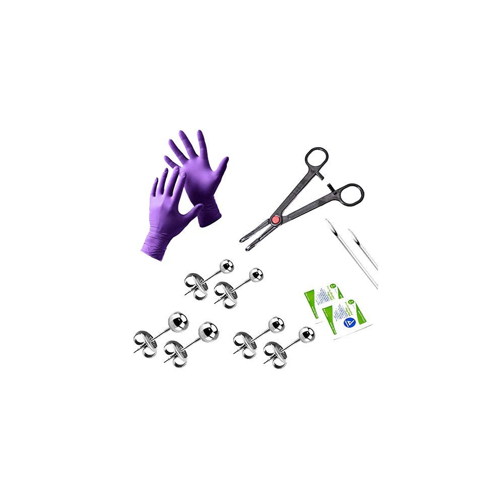 BodyJewelryOnline 14PCS Professional Ear Piercing kits Surgical Stainless Steel Ear Studs Earrings 20G Body Piercing Needles, Gloves, Marker, Disposable Forceps Clamps Tool kit