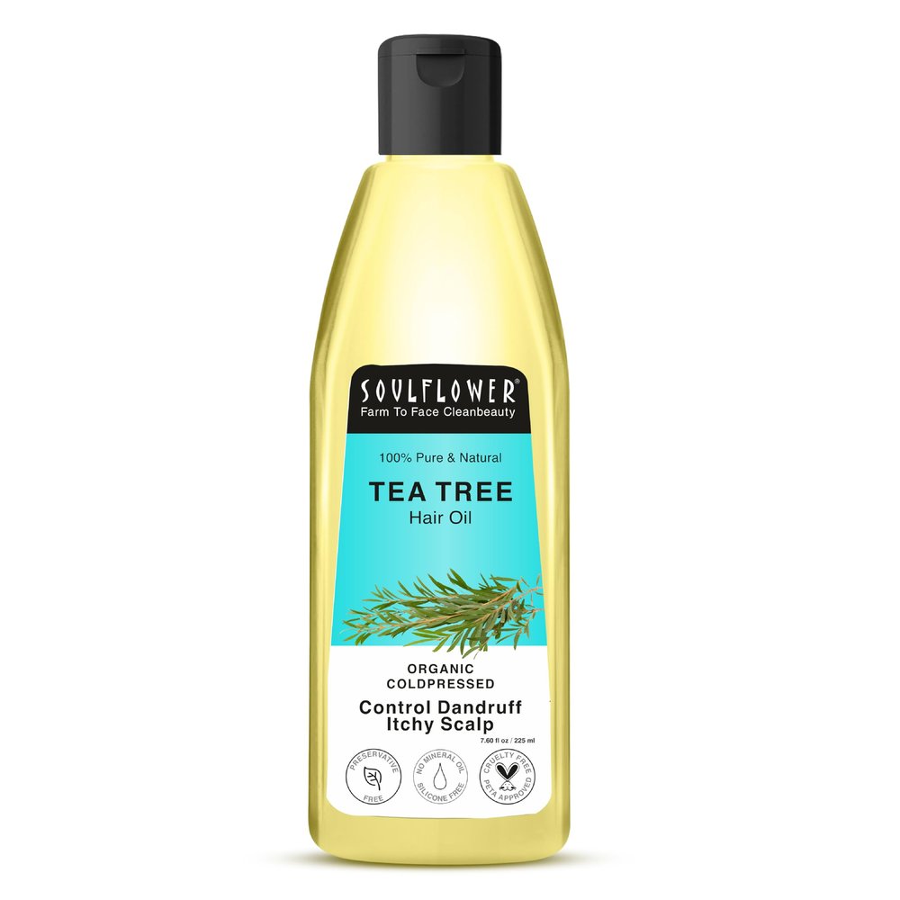 Soulflower Tea Tree Hair Oil for Dandruff & Hair Loss Control, Scalp Treatment - 100% Pure, Organic, Natural, Coldpressed, Vegan - 225 ml