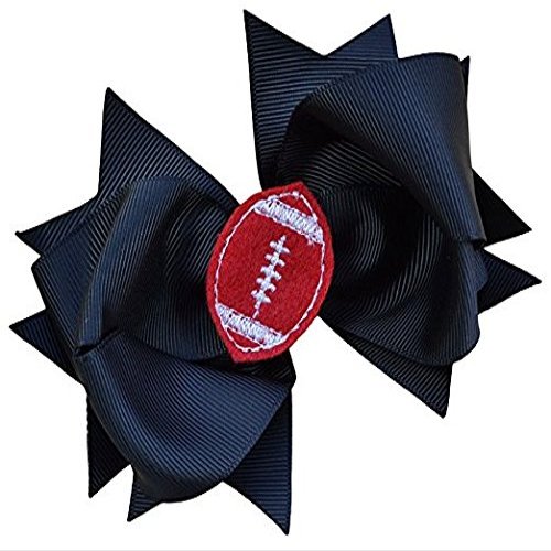 Girls Football Hair Bow 4.5 Inch Embroidered Football Team Hair Bow (Black Bow with Red Ball)