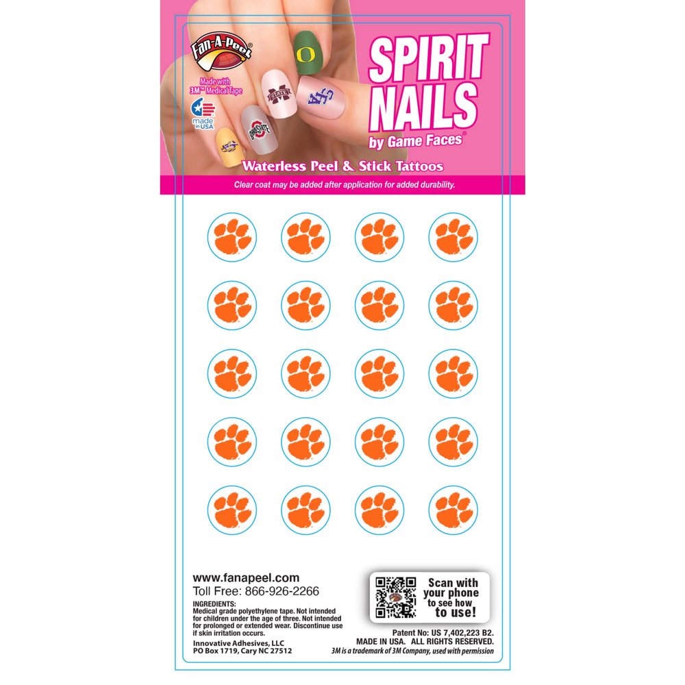 Fan-A-Peel Clemson Waterless Art Nail Decals - Peel & Stick Temporary Tattoos for Kids and Adults - Adhesive Nail Polish Sticker Accessories Great for Tailgates and Game Day - 20 Individual Tattoos