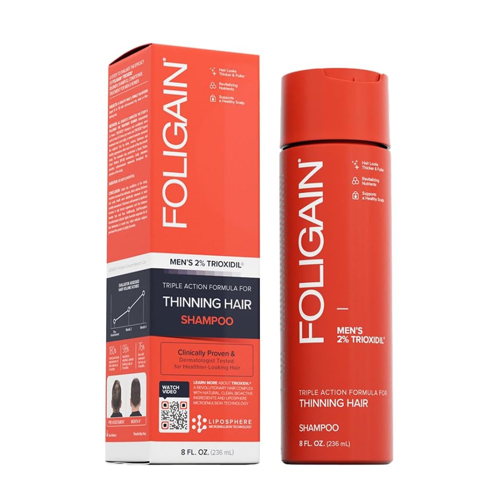 Foligain Triple Action Shampoo For Thinning Hair, Mens Volumizing Shampoo, with 2% Trioxidil 8 Fl. Oz.