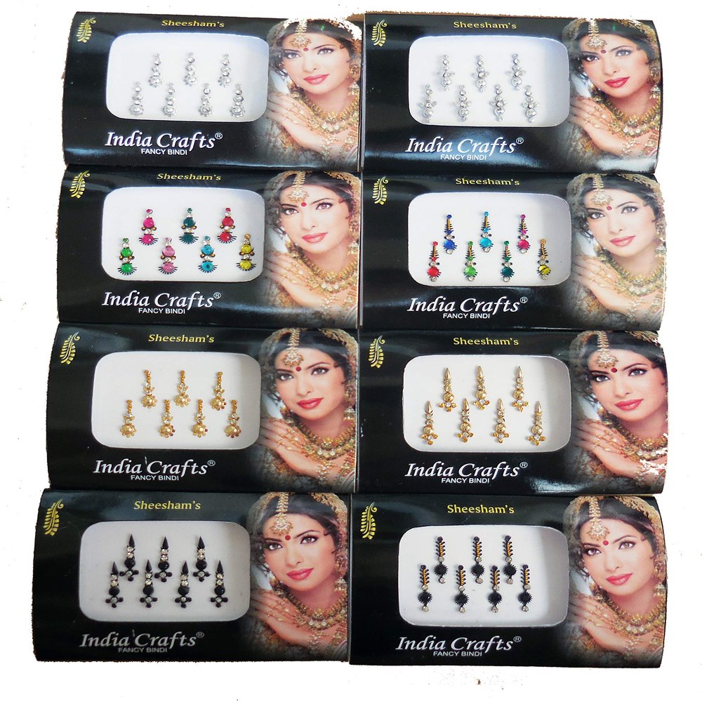 8 Packs- 56 Bindis Combo of Silver/Gold/Black/Multicolored Face Jewels Bollywood tika`