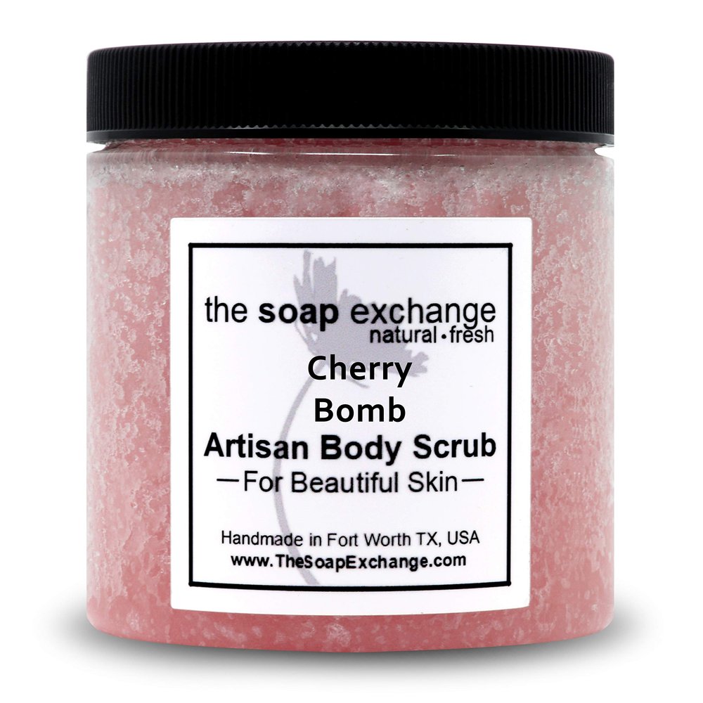 The Soap Exchange Sea Salt Body Scrub - Cherry Bomb Scent - Hand Crafted 8 fl oz / 240 ml Natural Artisan Skin Care, Shea Butter, Exfoliate, Moisturize, & Protect. Made in the USA.