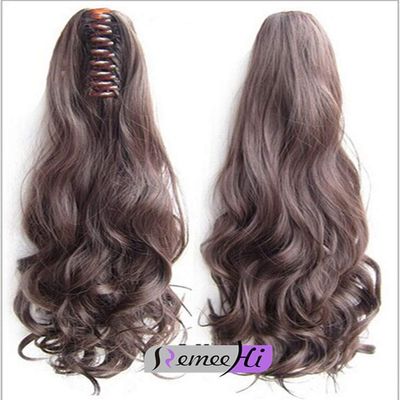 Remeehi Body Wavy Claw Clip Ponytail Hair Extensions Real Human Hair Ponytails Hairpiece 15inch (85g 2# dark brown)