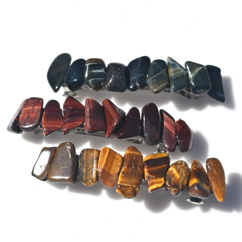 Tiger's Eye Stone French Barrette Hair Clips Set - Quantity of 3 Includes: Red Tiger's Eye, Blue TIger's Eye, and Gold Tiger's Eye