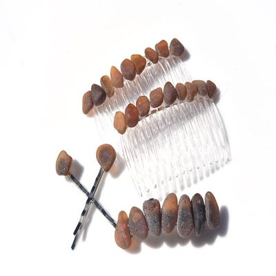 Genuine Surf Tumbled Brown Sea Glass Hair Clip Set - Includes 2 Hair Combs, 1 60 mm French Barrette, 2 Hair Pins