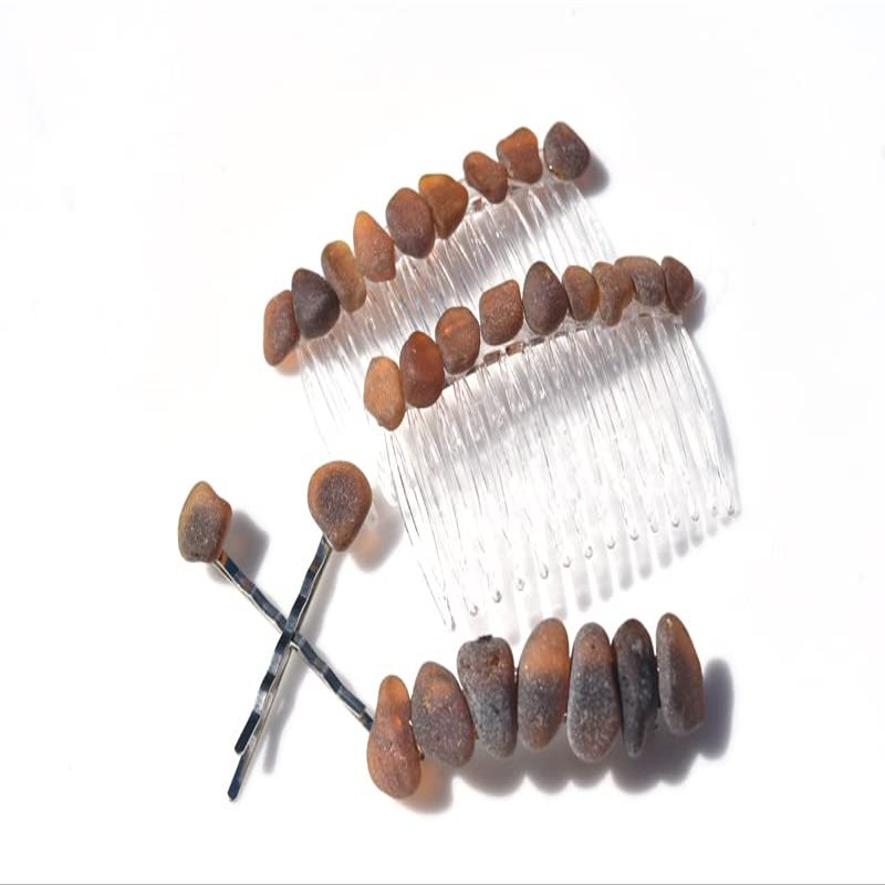 Genuine Surf Tumbled Brown Sea Glass Hair Clip Set - Includes 2 Hair Combs, 1 60 mm French Barrette, 2 Hair Pins