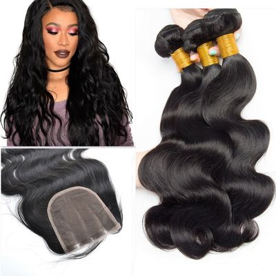 Body Wave Brazilian Virgin Hair 3 Bundles With Lace Closure 100% Human Hair Weave Bundles Natural Color Remy Hair -202224+16inch
