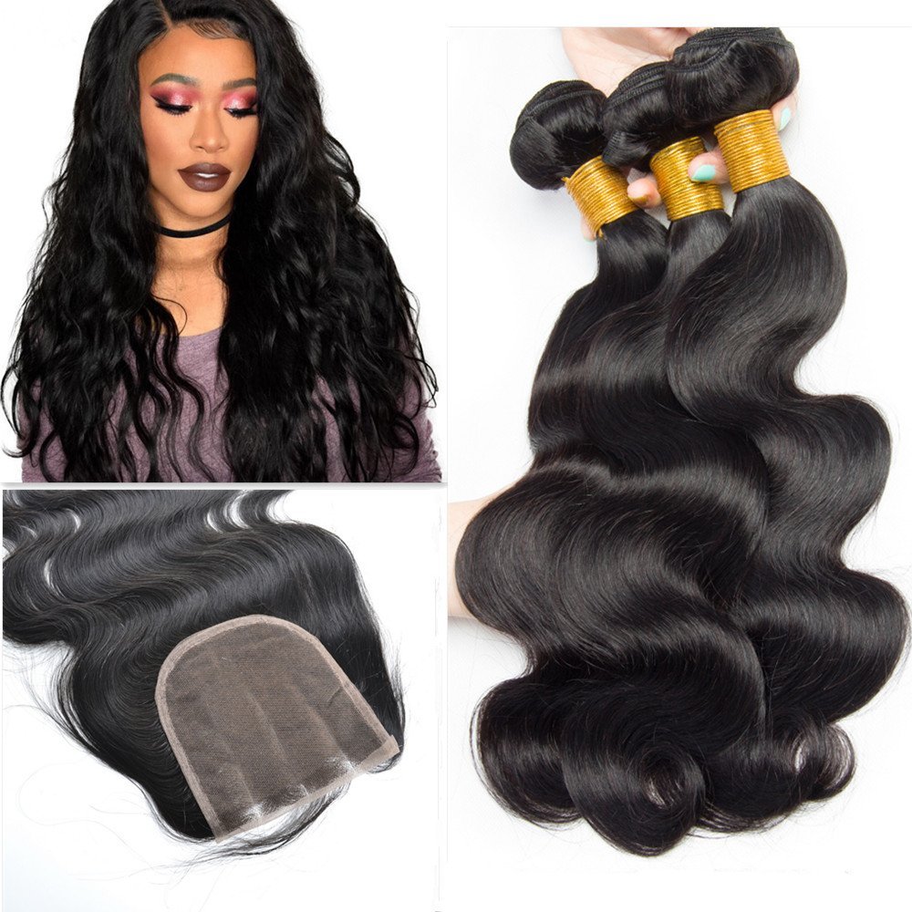 Body Wave Brazilian Virgin Hair 3 Bundles With Lace Closure 100% Human Hair Weave Bundles Natural Color Remy Hair -202224+16inch