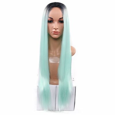 NEWPECK Women Silky Synthetic Wig Girls Cosplay Remy Hair Real Straight Long Black Gradient Color (Cyan)