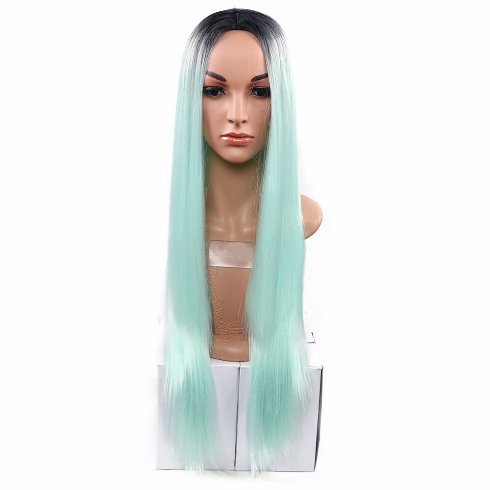 NEWPECK Women Silky Synthetic Wig Girls Cosplay Remy Hair Real Straight Long Black Gradient Color (Cyan)