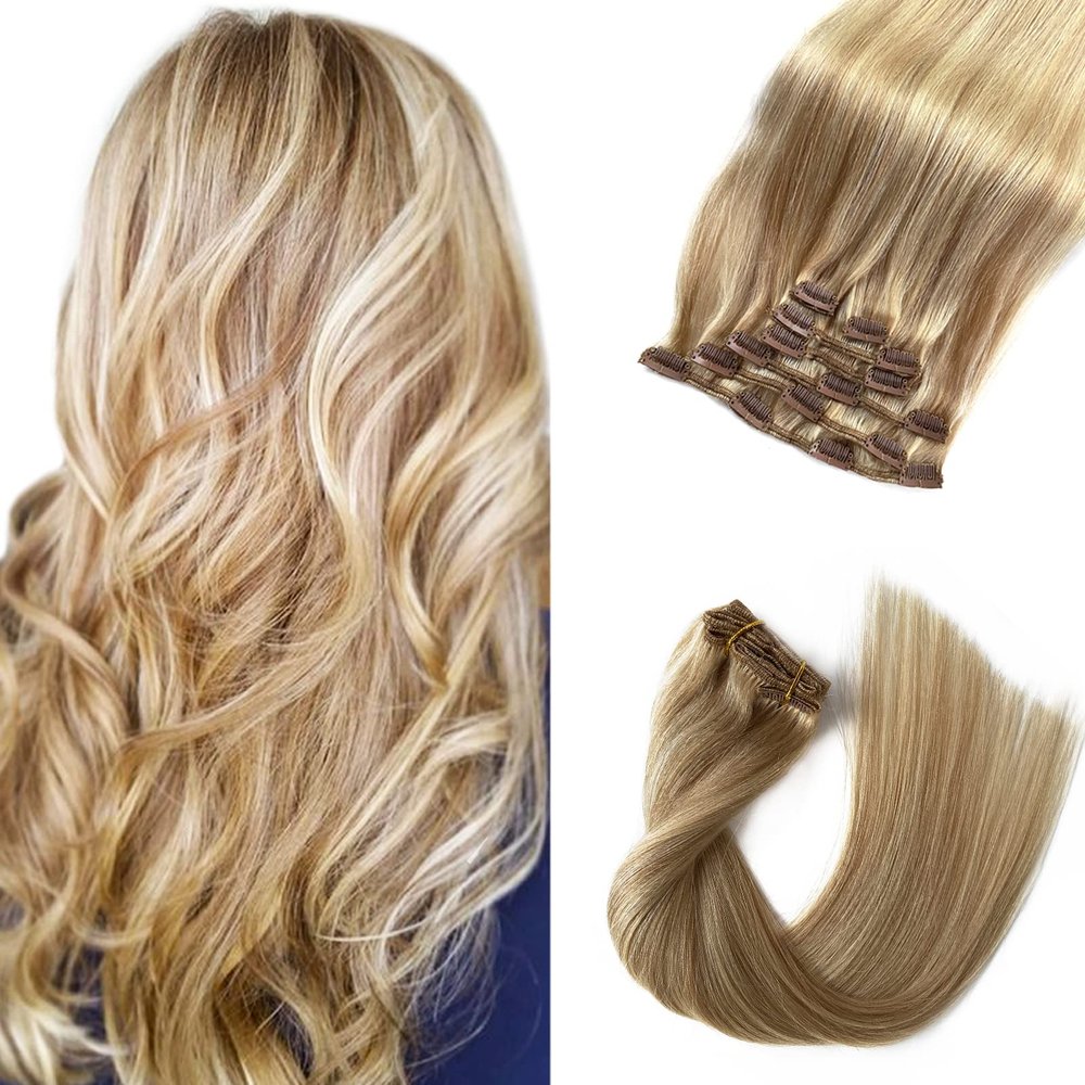 Labetti Clip in Human Hair Extensions with Blonde Highlights 7 Pieces 70g Silky Straight Weft Remy Real Hair (20 inches, #27-613)