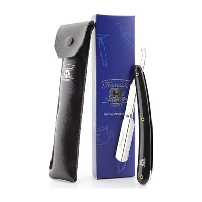 Haryali London Men's Black Traditional Style Stainless Steel Straight Razor with Leather Pouch (1 Count, Reusable, Ergonomic, Portable)