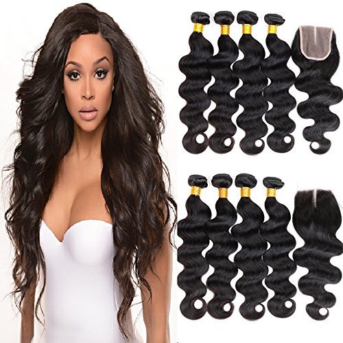 Hairticket 4 Bundles + Closure Body Wave Virgin Brazilian Hair #1B / 20 22 24 26 with 20 / Three Part