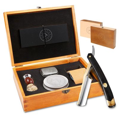 Complete Straight Razor Kit - Straight Razor Shaving Kit for Men with Gold Japanese Stainless Steel Blade, Leather Strop, Shave Soap, Shaving Brush, Strop Paste, Leather Case, Gift Box