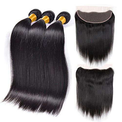 Hairticket 3 Bundles + 13"x4" Lace Frontal Closure Straight Virgin Brazilian Hair 18 20 22 Closure 12 / Middle Part