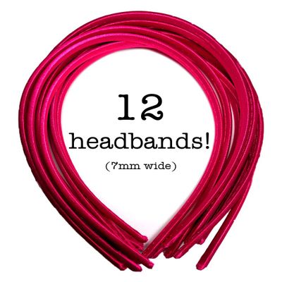 12pc Skinny Satin Headbands - 7mm wide, solid color packs (Hot Pink)