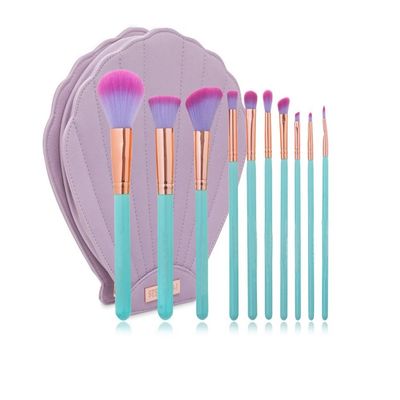 10 PCS Professional Mermaid Blush Cosmetic Brushes Kit Powder Brushes with Shell Cosmetic Bag