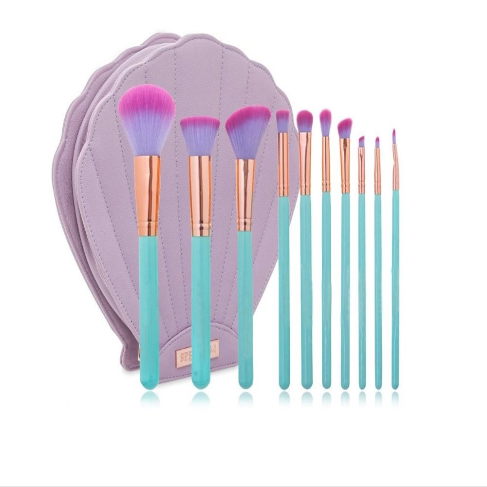 10 PCS Professional Mermaid Blush Cosmetic Brushes Kit Powder Brushes with Shell Cosmetic Bag