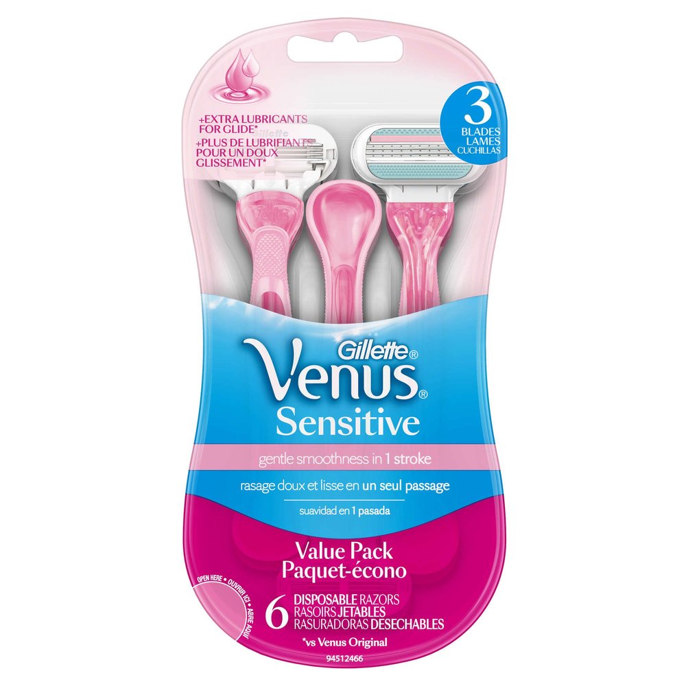 Gillette Venus Sensitive Womens Disposable Razor, 6 Ct W/Soft Protective Cushion