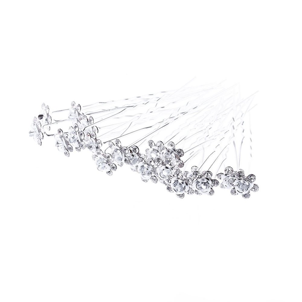 20pcs Rhinestone Rose Flower Hair Pin Crystal Bride Wedding Hair Clip U Shape Metal Bobby Pin Jewelry Hair Accessories Decoration, White