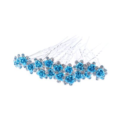20pcs Rhinestone Rose Flower Hair Bobby Pin Crystal Bride Wedding Metal Hair Clip Decoration U Shape Jewelry Headpiece Accessories, Blue