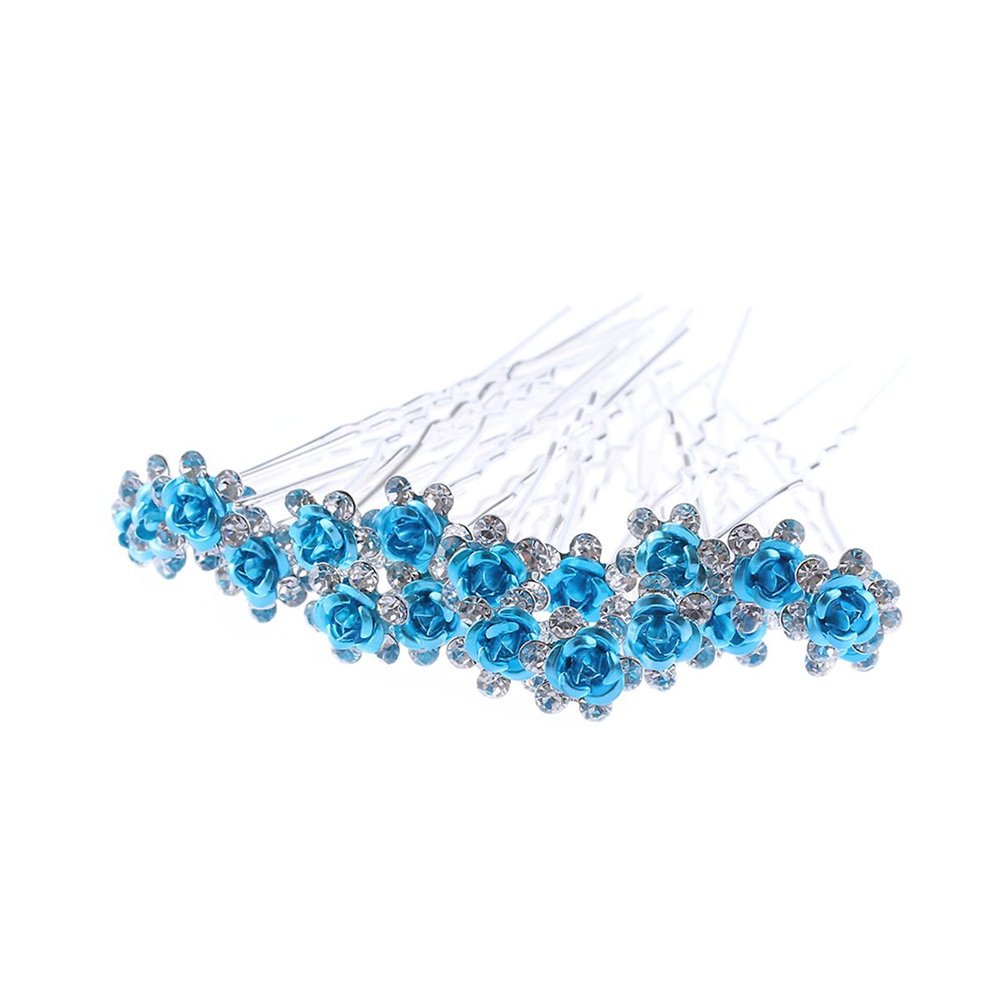 20pcs Rhinestone Rose Flower Hair Bobby Pin Crystal Bride Wedding Metal Hair Clip Decoration U Shape Jewelry Headpiece Accessories, Blue