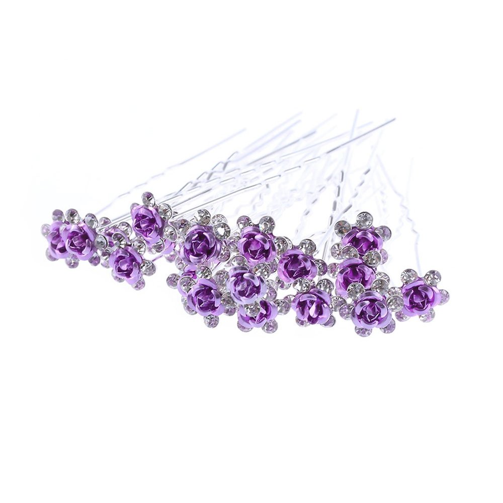 20pcs Rhinestone Rose Flower Hair Bobby Pin Crystal Bride Wedding Metal Hair Clip Decoration U Shape Jewelry Headpiece Accessories, Purple