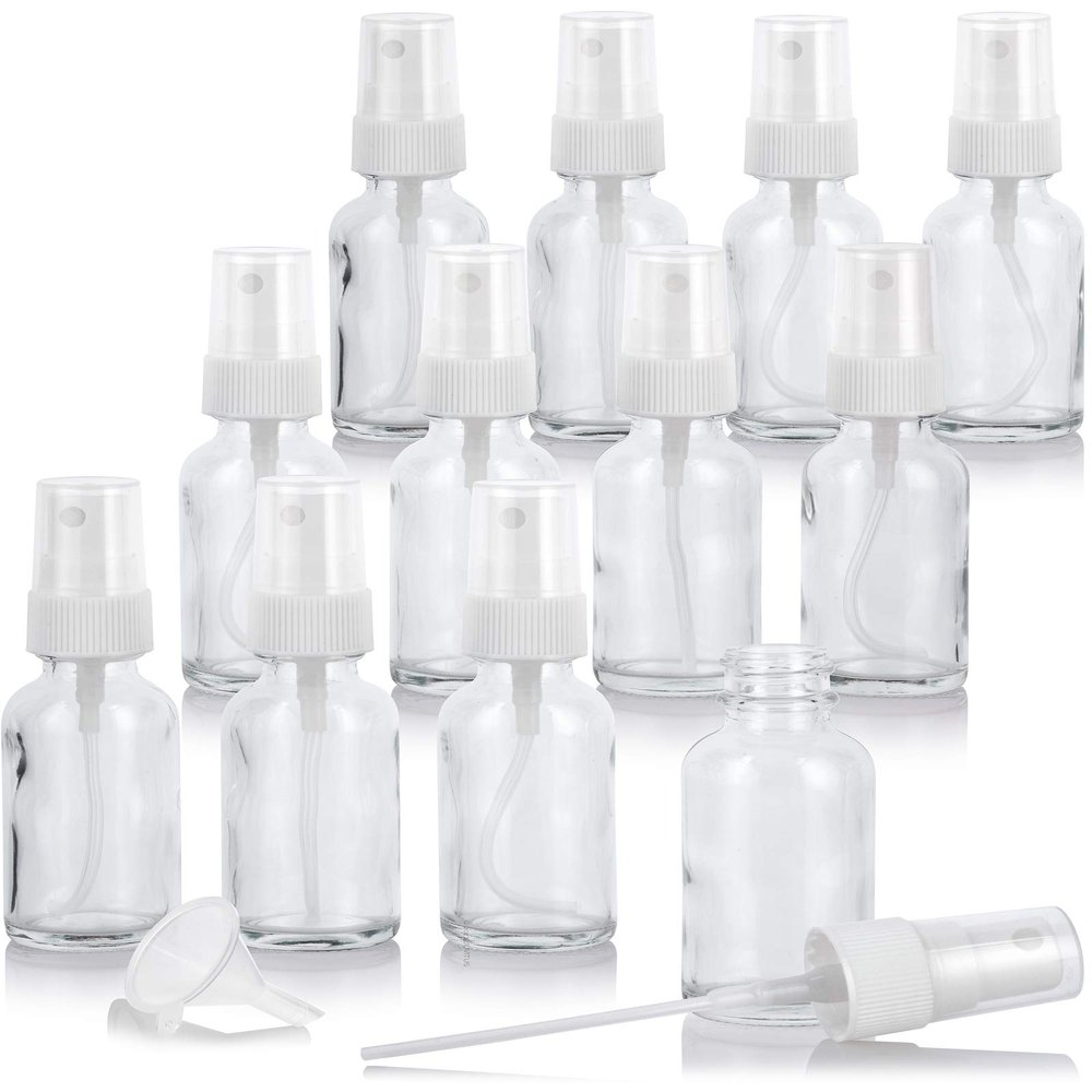1 oz Clear Glass Boston Round Bottle with White Fine Mist Spray (12 Pack) + Funnel Refillable Empty Storage Containers