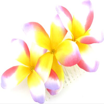 Triple Multicolored Plumeria Silk Flower Hair Comb